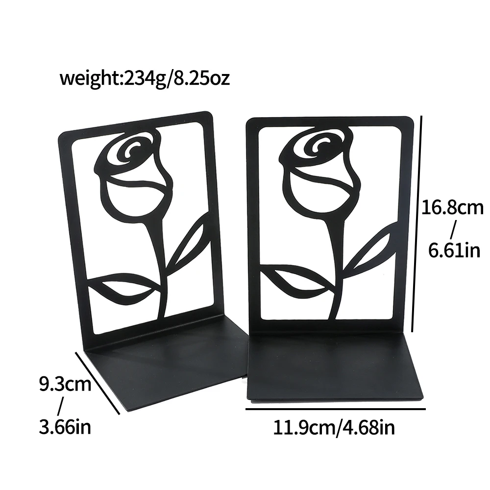 Rose Metal Book Ends -Black L Shaped Book Stand Holder for Home Office Desk, Creative Gift for Dads and Loved Ones 6
