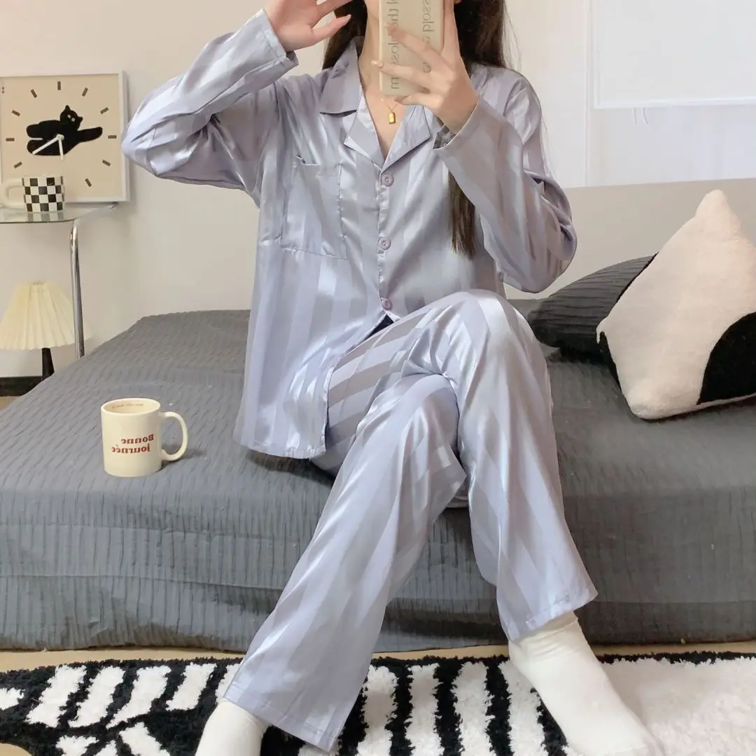 Women's 2 Piece Pajamas Set Striped Pijama Faux Silk Satin Pyjama Female Sleepwear Long Sleeve Shirt Pants Homewear Loungewear