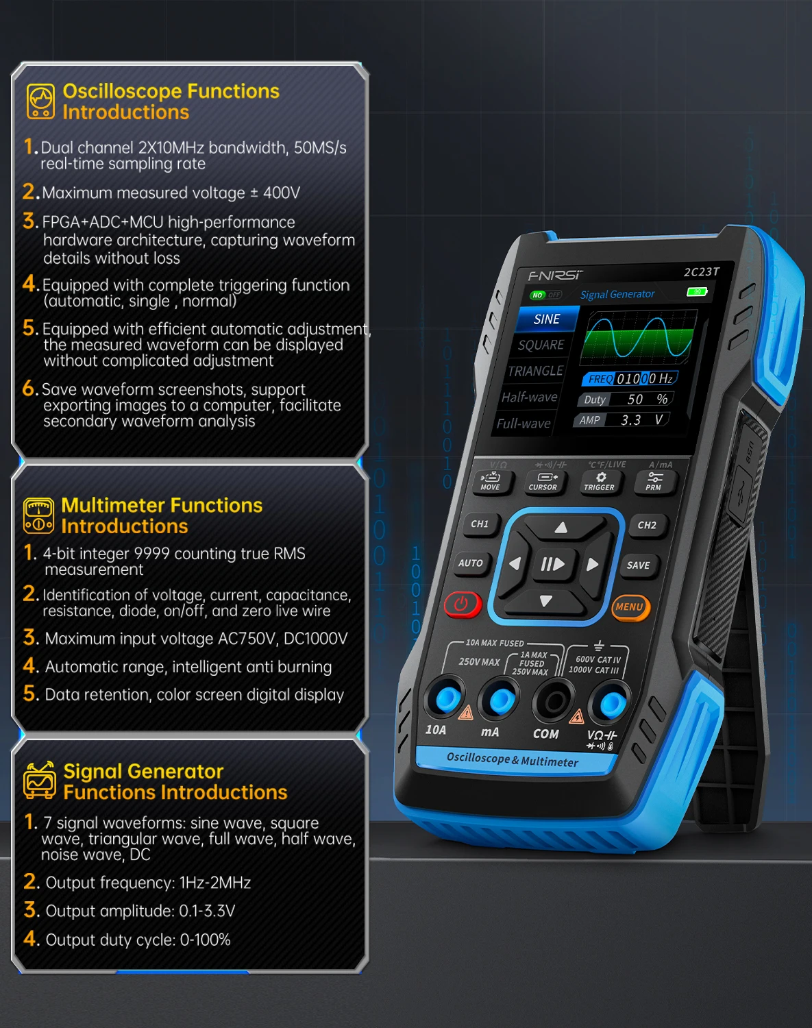 Digital Multimeter Digital Oscilloscope Signal Generator Digital Tester FNIRSI 2C23T PLUS 3IN1 Dual Channel Digital Oscilloscope Multimeter Signal Generator 10MHZ*2 50MS/s AC DC 1000V 10A T-RMS