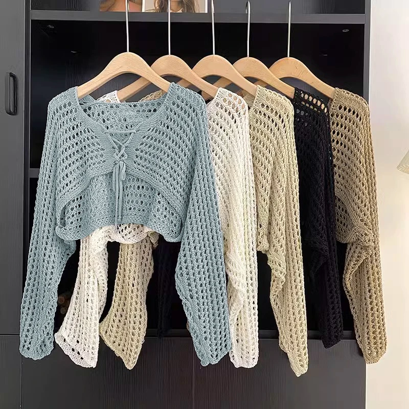 Summer Fashion Lace-up V-neck Long Sleeve Hollow Knitted Cardigan Women's Crop Top 5