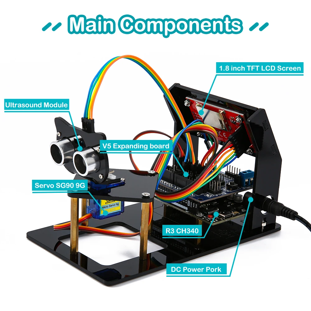 시뮬레이션 레이더 초음파 센서 DIY 로봇 공학 키트(R3, 1.8 TFT SPI 디스플레이, Arduino용 sg90 서보 포함)