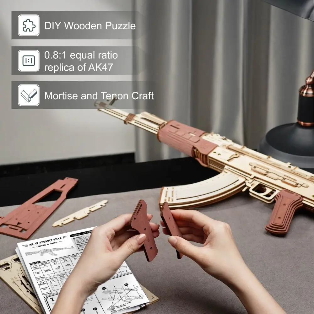 DIY Revolver,Scatter with Rubber Band Bullet Wooden Model Building Block Kit Assembly Toy Gift for Children Adult 4