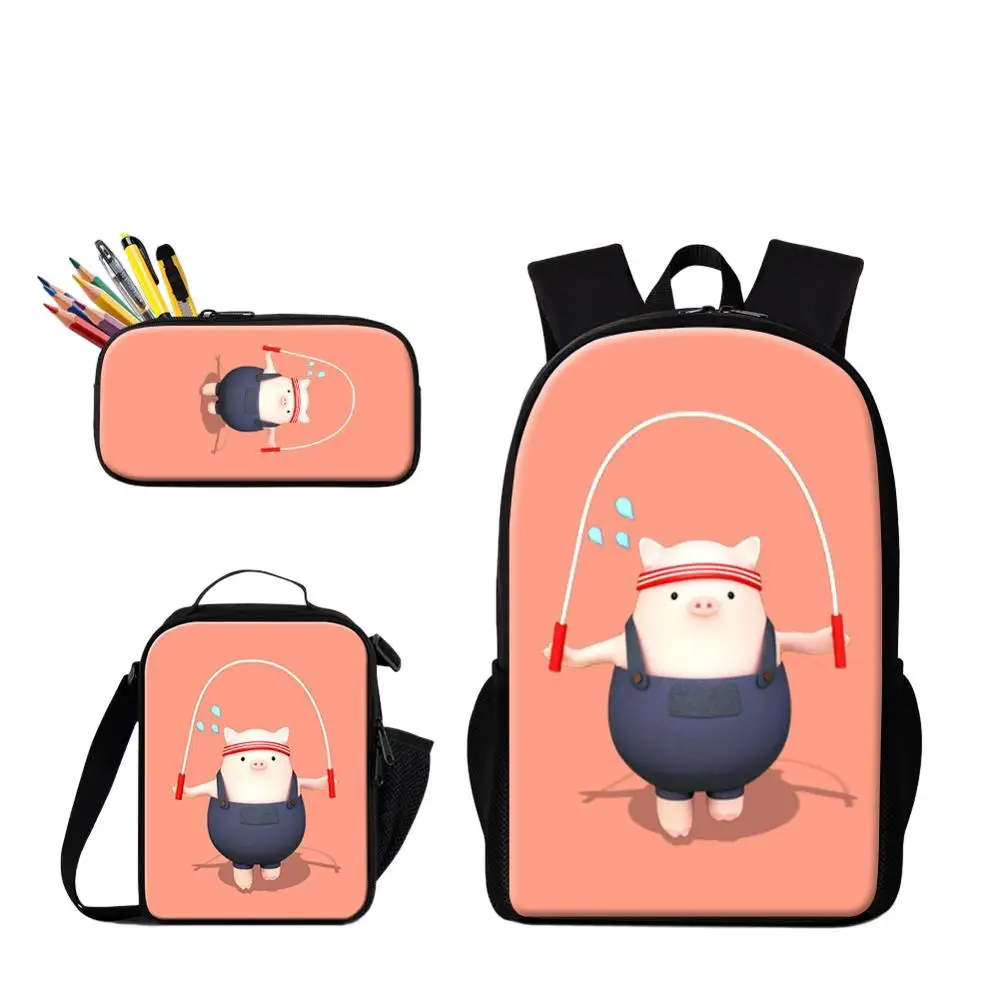 3PCS Student Daily Use Backpack With Food Lunchbox Pencil Case Cartoon Pig Printing Primary Student School Bag Girl 600D Bookbag