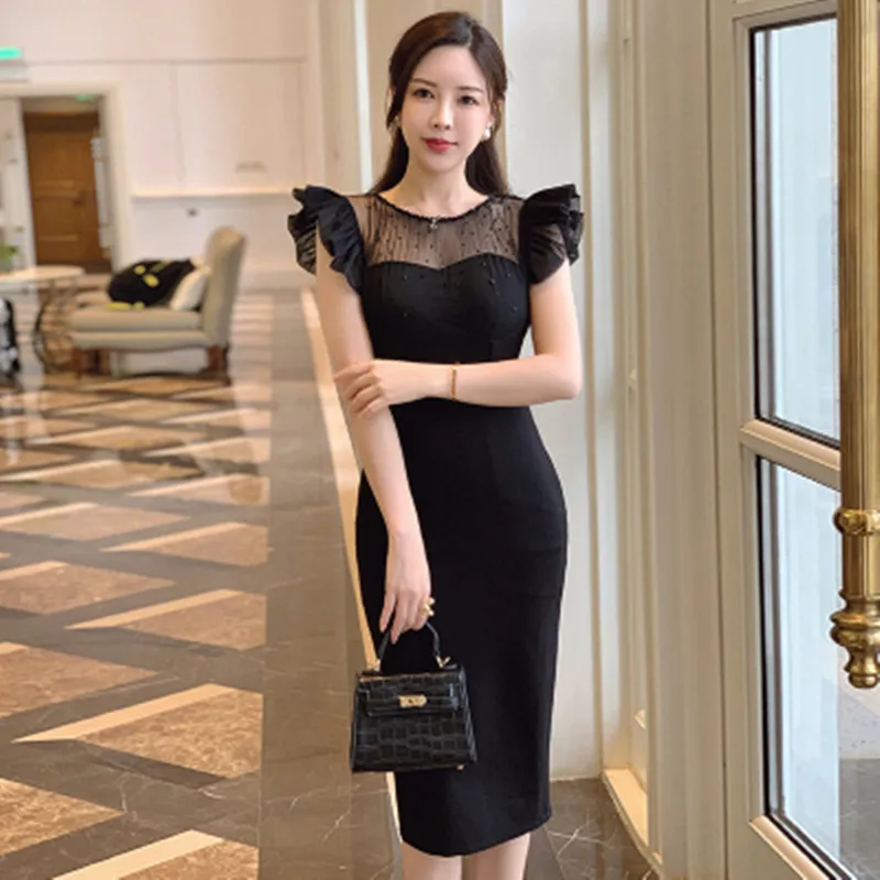 

DALMAZZO Luxury Designer Summer Black Elegant Slim Over Knee Dress Women Sleeveless Mesh Patchwork Bodycon Vestidos 2023 New