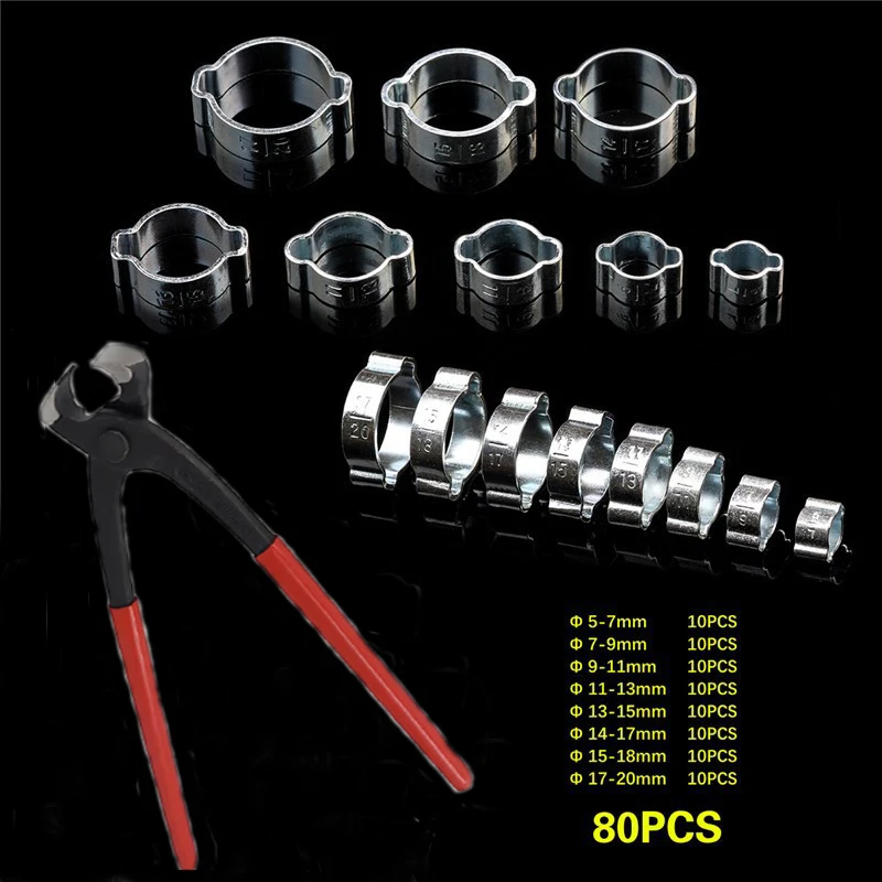 

80pcs 5-20mm Double Ears Stepless Hose Clamp Worm Drive Fuel Water Hose Pipe Clamps Clips or 1pcs Clamp Pliers for Woodworking