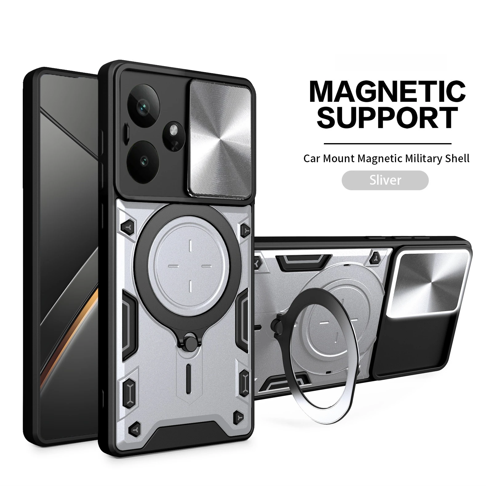 Lens Slide Cover Phone Case with Rotating Bracket and Magnetic Suction