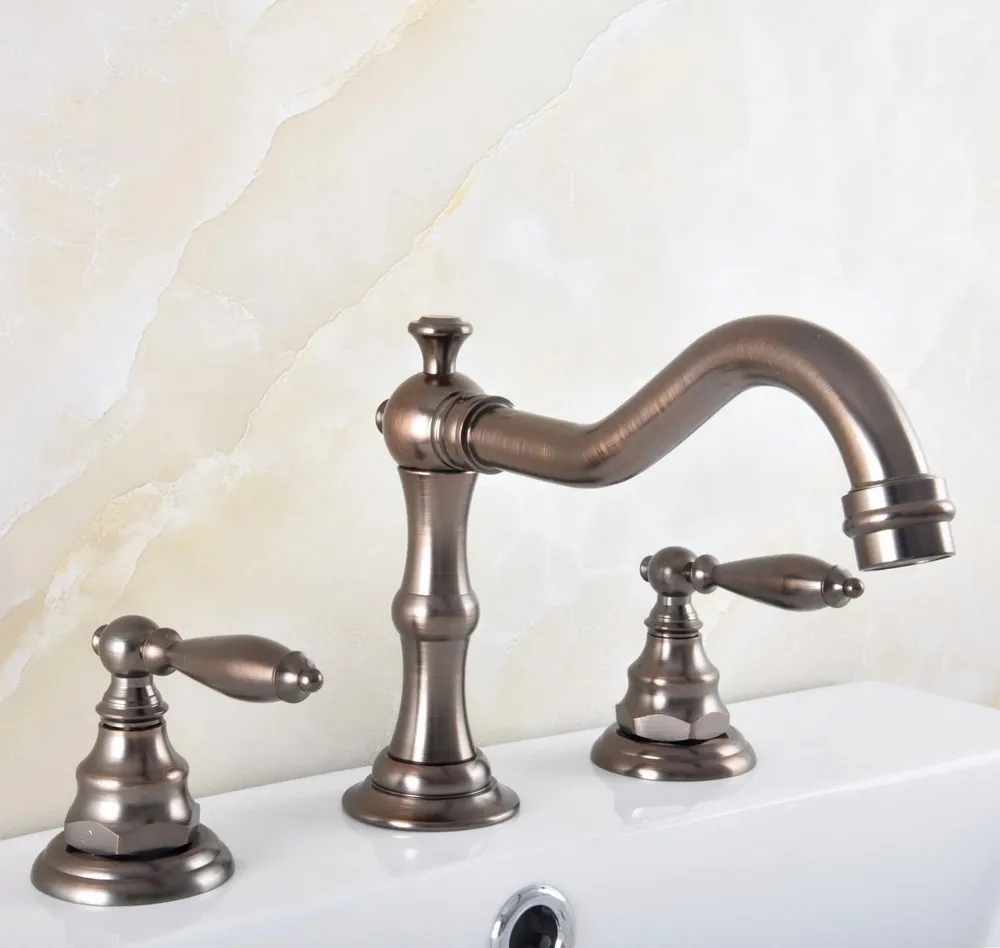 

Brown Oil Rubbed Bronze Deck Mounted Dual Handles Widespread Bathroom 3 Holes Basin Faucet Mixer Water Taps mnf589