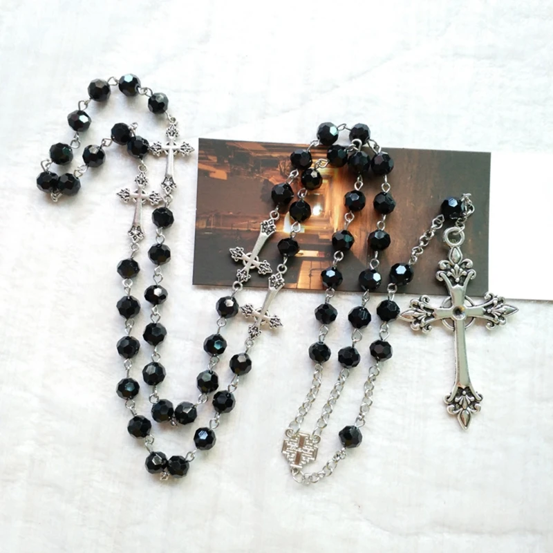 Presents Black Crystal Rosary Necklaces Long for Cross Decor Gift for Teen Women
