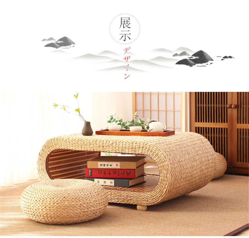 Japanese Style Living Room Coffee Table Handmade Suitable For Sitting On The Ground Rectangular Rattan Straw Coffee Table