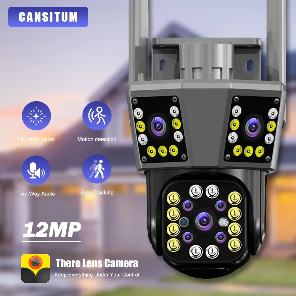 CANSITUM Three Screen 6K 12MP WIFI IP Outdoor Camera Motion Tracking PTZ Video CCTV Camera Three Lens Waterproof Security System custom custom linen material 7 inch 10 inch ips screen digital card video brochure wedding motion video book