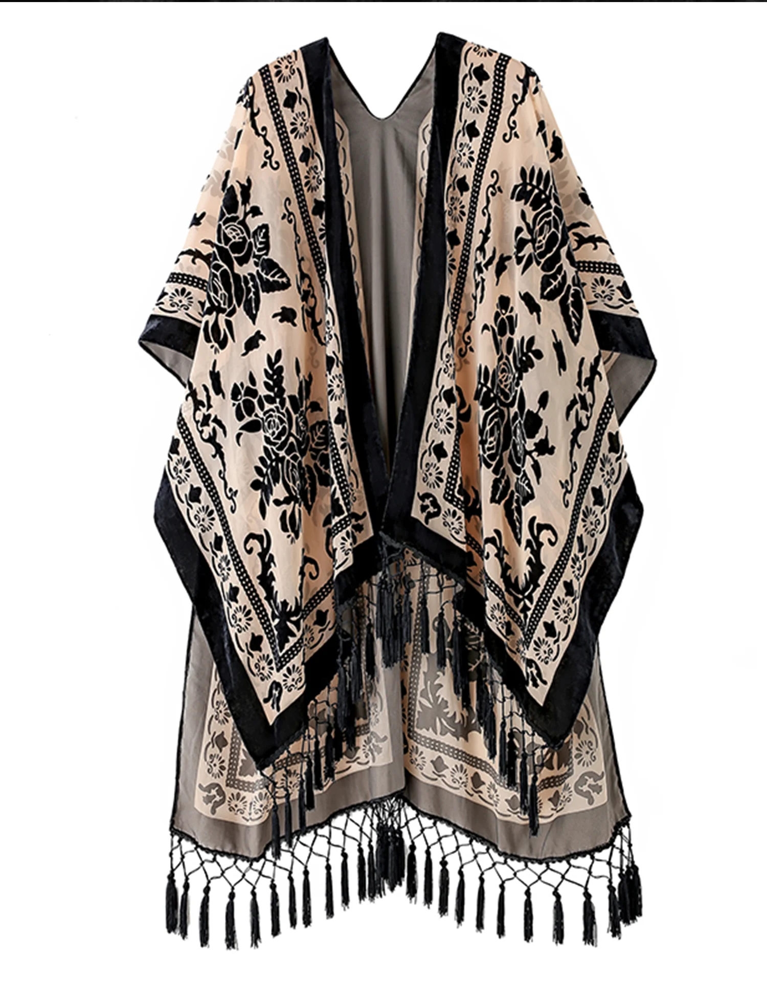 WeHello Women's Burnout Velvet Kimono Bohemian Long Cardigan with Tassel Beach Cover-up Holiday Casual Cardigan Shawl JYPF-1 3