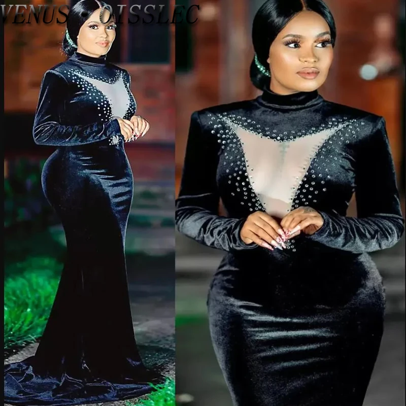 

VENUS Arabic Sexy Slit Party Evening Gowns With Beads High Neck Mermaid Prom Dresses Illusion Velvet Party Dress فساتين السهرة