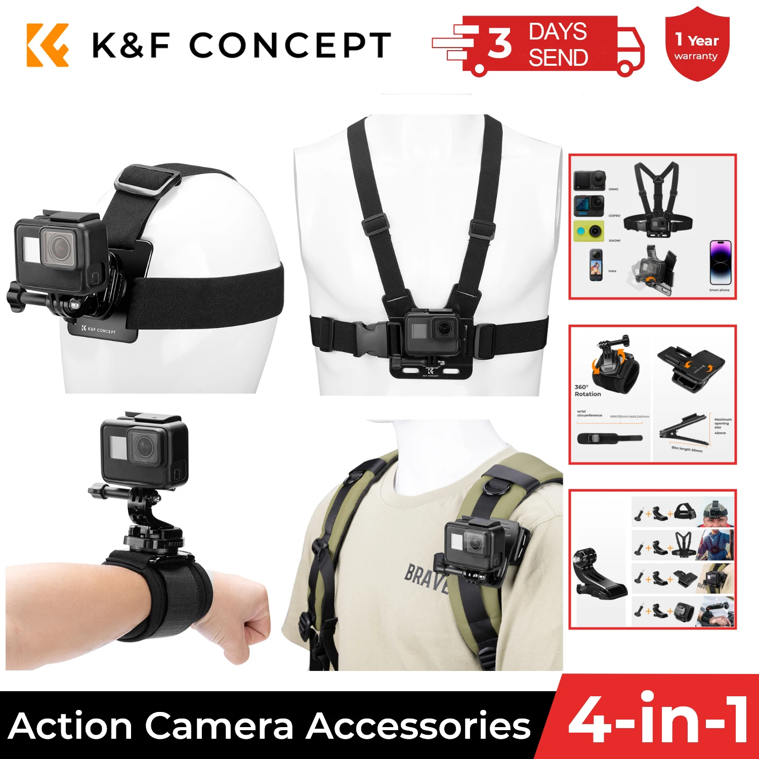 K&F Concept Set Accessoires GoPro Hero/DJI Osmo Action - Harnais Poitrine
