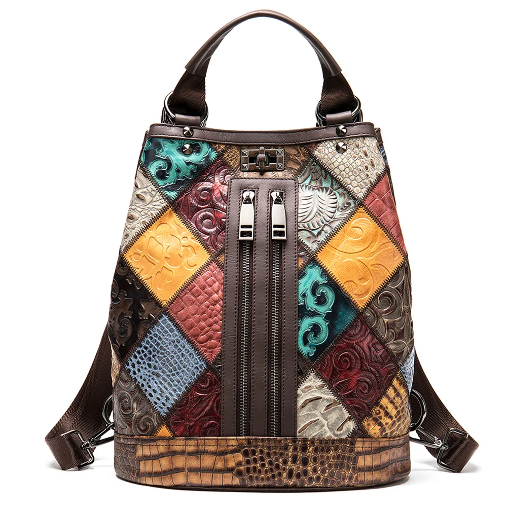 Westal Unique Style Leather Woman Backpack Patchwork Fashion Bagpack