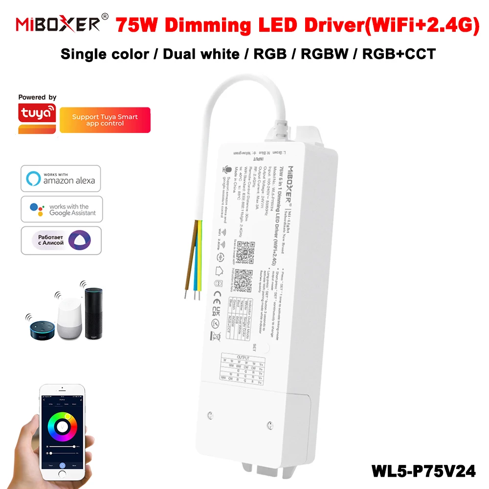 Miboxer 5In1 WL5-P75V24 Tuya สมาร์ท24V75W WIFI + 2.4G ตัวหรี่ไฟในตัวไดร์เวอร์สำหรับสีเดียว/ขาวคู่/RGB/RGBW/rgbct แถบไฟ LED 1