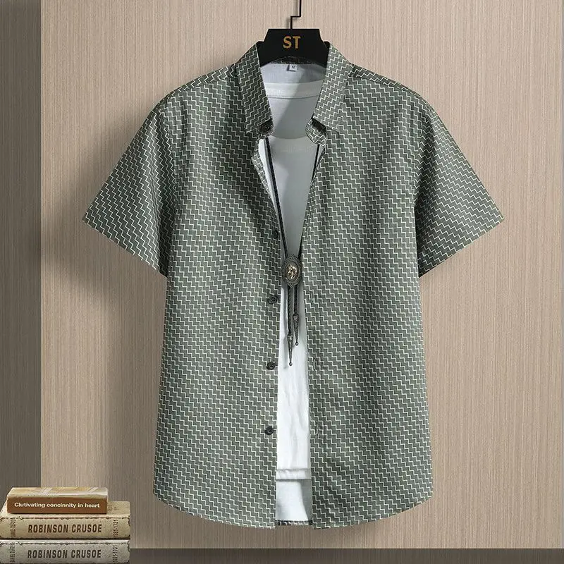Elegant Fashion Harajuku Slim Fit Ropa Hombre Loose Casual Sport All Match Tops Square Neck Printed Button Short Sleeve Blusa