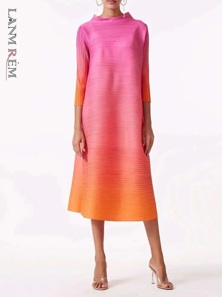 LANMREM Fashion Pleated Dress Gradient Color Women Turtleneck Long Sleeves Pink Orange Dresses Female Clothing 2024 New 2YA773b