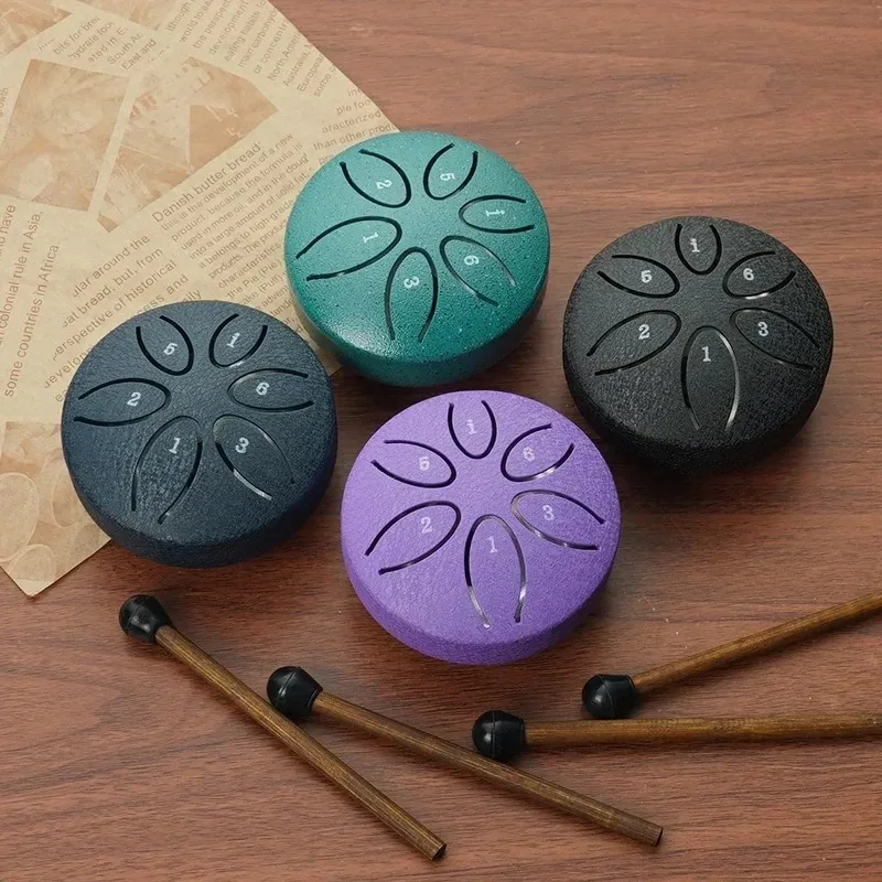 3-inch 6-tone Steel Tongue Drum Outdoor Rain Drum Instrument Mini Hand Drum with Drumstick Percussion Accessories Music