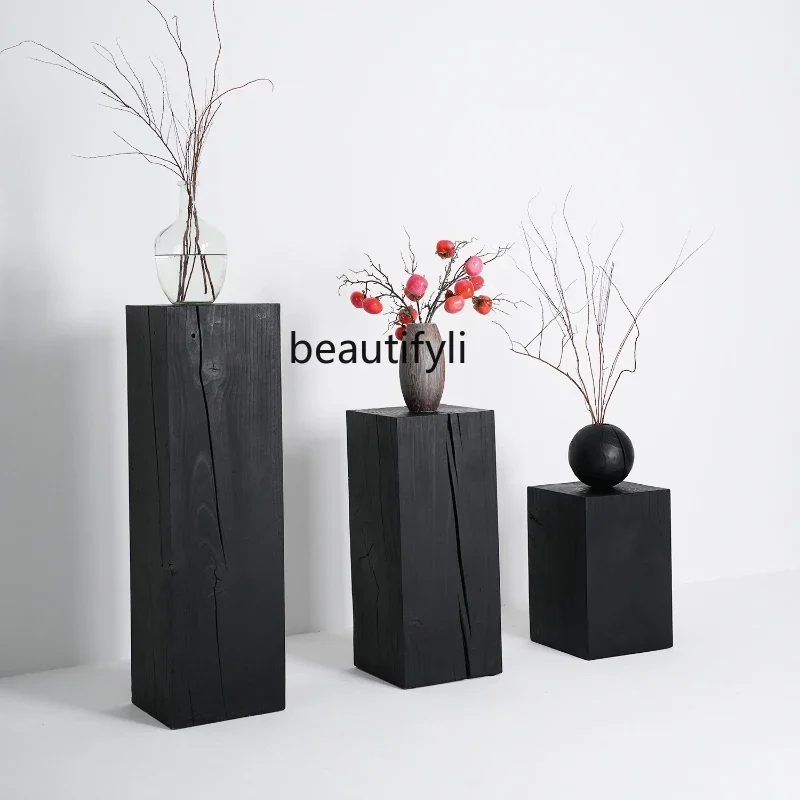 

Solid Wood a Block of Wood Or Stone Carbonized Black Log Stool Side Table Tree Pile Decoration Square Wooden Pier Low Stool