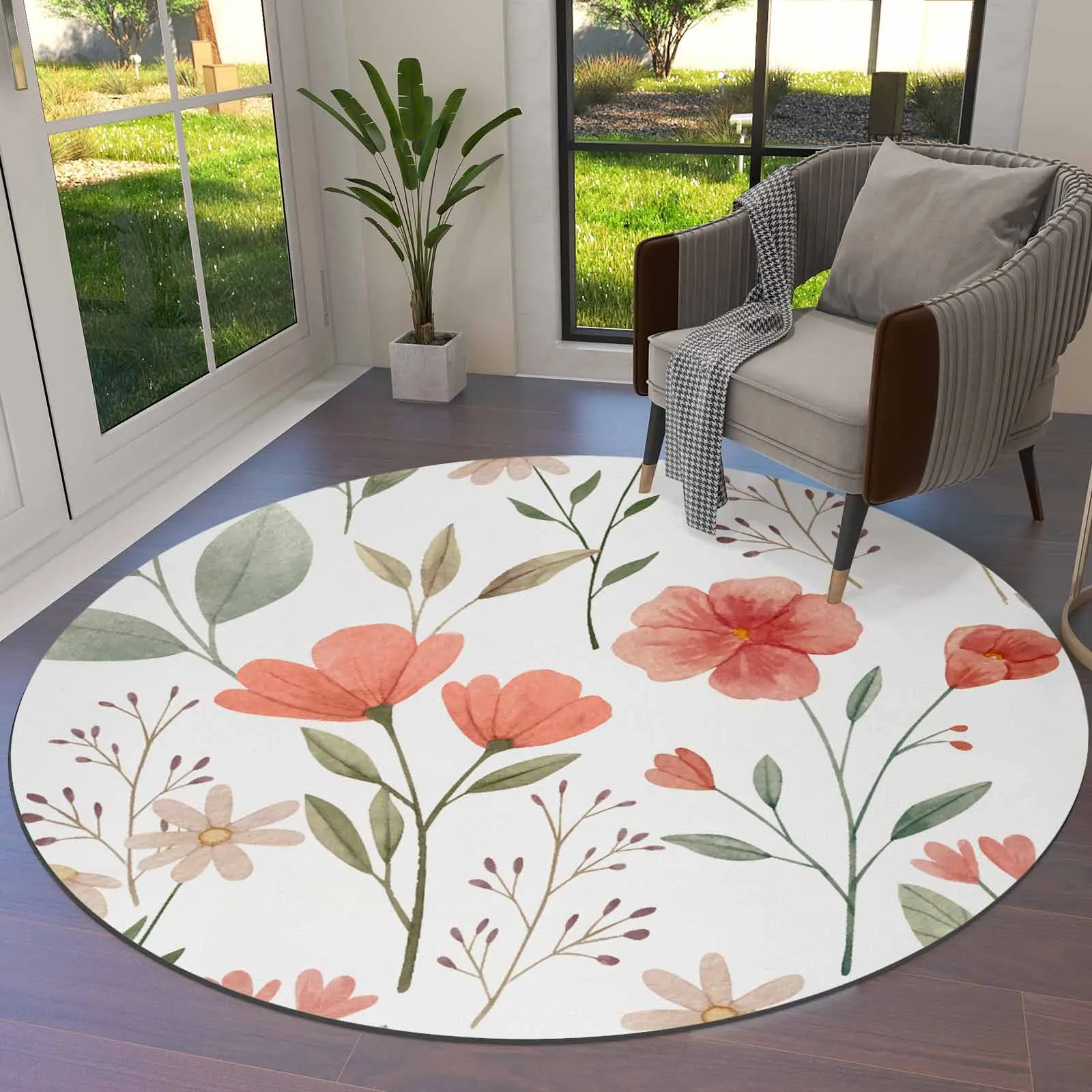 

Pastoral Plants Flowers Plants Watercolor Round Area Rug Carpets For Living Room Large Mat Home Bedroom Kid Room Decoration