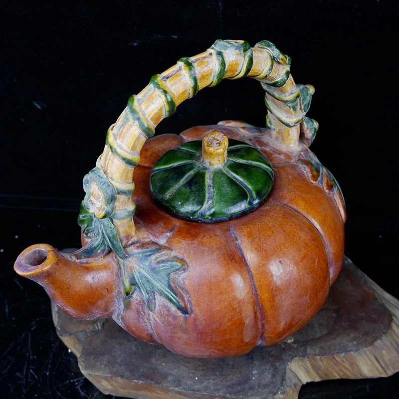 

Tang Sancai Carved Pumpkin Ewer Antique Antique Vintage Old Goods Antique Porcelain Genuine Ornaments Collection