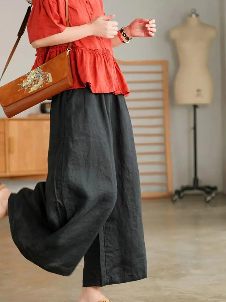 High Waist Cotton Linen Wide Leg Pants Women's New Summer 2025 Mom's High-End Drapey Slimming Linen Flax Nine Points Pants
