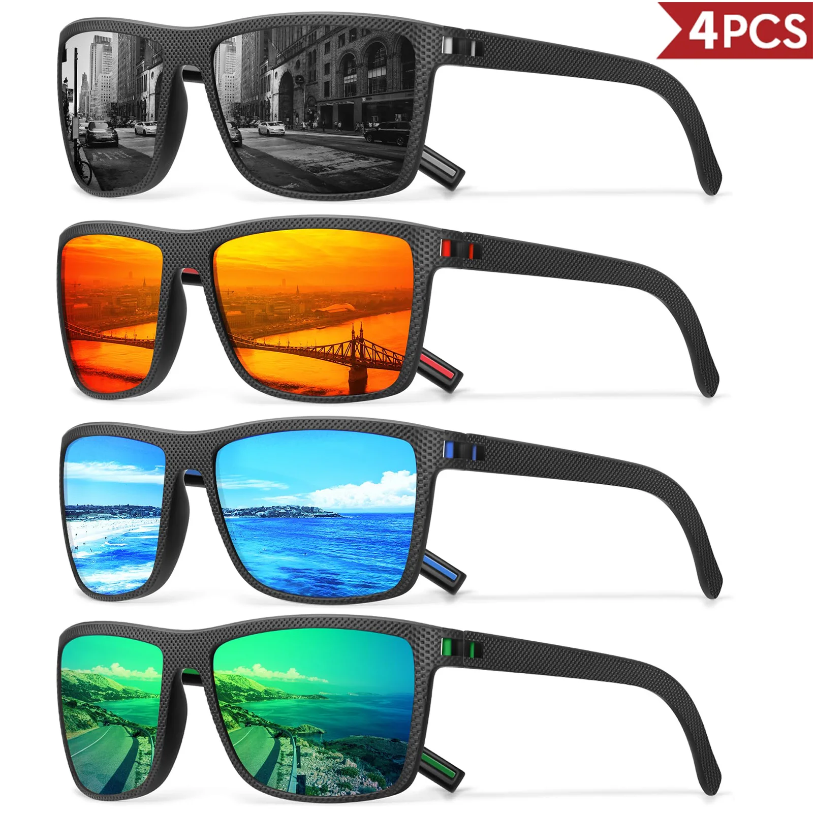 3/4 Pack New Designer Box Polarized Colorful Sunglasses for Men