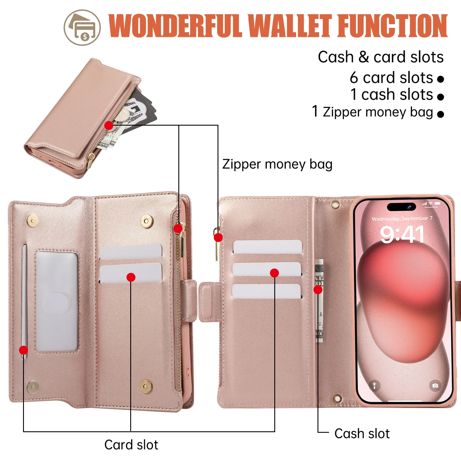 Crossbody Cards Solt Wallet Zipper Couro 2 em 1 Capa Destacável para iPhone 15 Pro Max 16 14 Plus 13 12 11 Carregamento Sem Fio_voghion.com