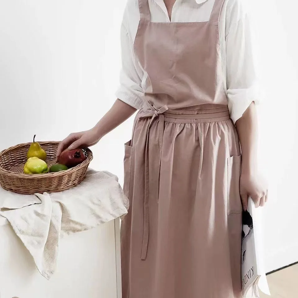 Vintage Women Lady Linen Cross Cotton Linen Japanese Style Sleeveless Pinafore Home Coffee Cooking Florist Aprons Casual Dress