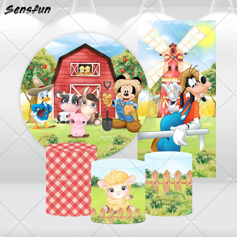 Goofy Boy Arch Wall Cover Red Barn Farm Baby Shower Circle Round Background Decorazione Per Feste Mickey Mouse Boy Birthday Background