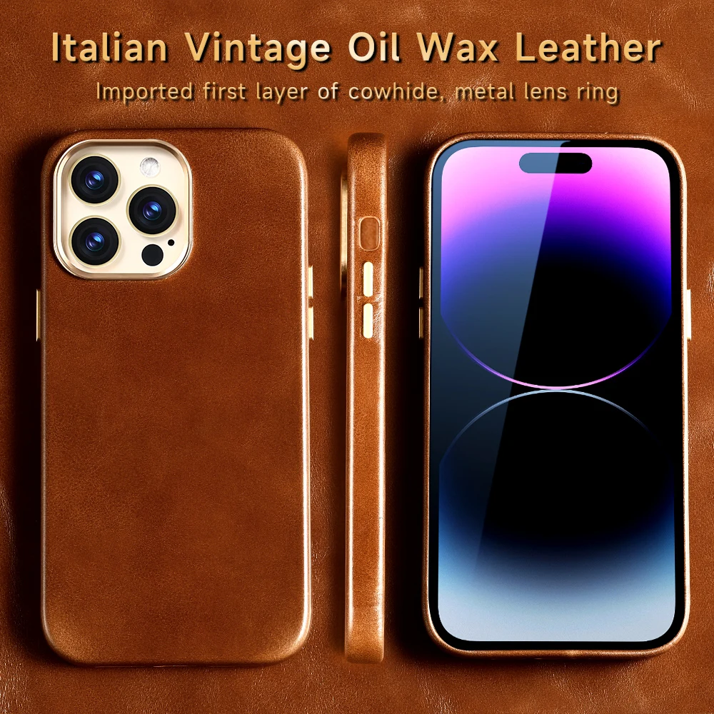 Original Leather for Magsafe Case for iPhone 14 13 Pro Max 14 Plus 14Pro Retro Luxury Wireless Charging Magnetic Back Cover