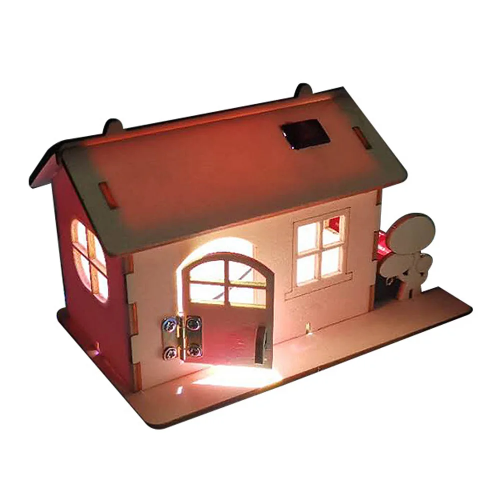 Child DIY Handmade Wooden Cabin With Light Assembly Building Model Toy Funny Science Experiment Circuit Assembly Tools Set