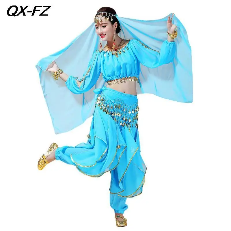 

Женский костюм для косплея Индийского Болливуда, комплект из 3 предметов, топ с блестками + брюки + поясная цепочка, костюм для танца живота, Арабская одежда на Хэллоуин