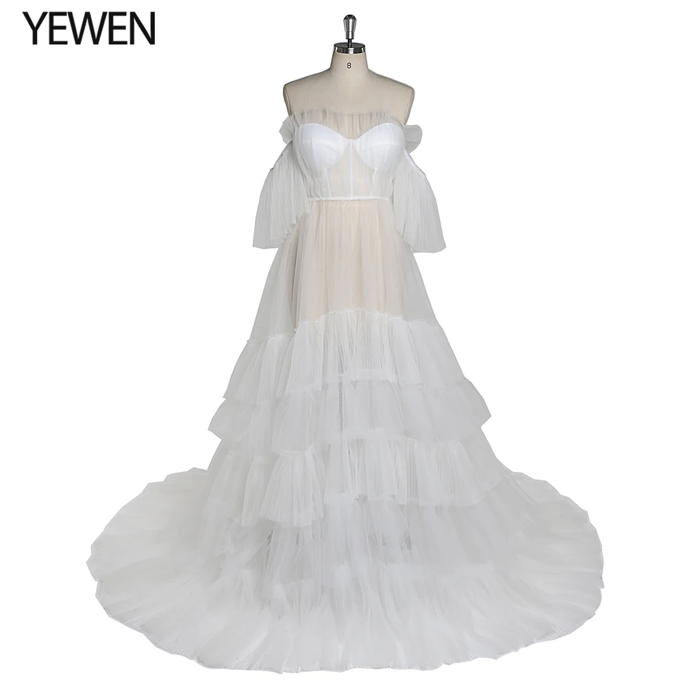 

See Through Pleat Tulle Evening Gowns for Women Elegant Off The Shoulder Party Wear Dresses Photography Dress YEWEN