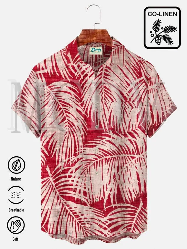 

Royaura Linen Chambray Tropical Leaves Men's Vacation Hawaiian Big & Tall Aloha Shirt Summer Tops
