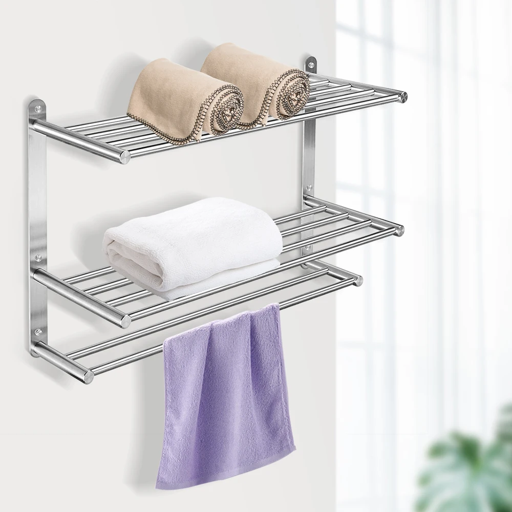 3 Tier Bath Towel Bar Rack Stand Stainless Steel Wall-Mounted Shower Shelf 24-Inch