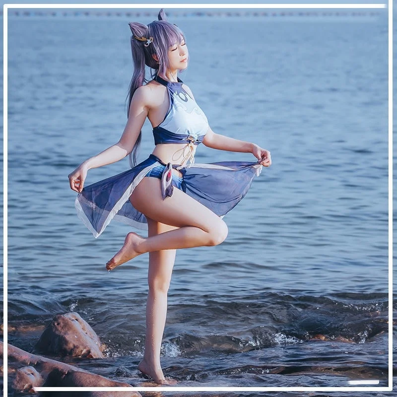 

Game Genshin Impact Bikini Set Keqing Cosplay Low-Waist Swimsuit Women Sexy Lace Up Three Pieces Swimwear Beach Bathing Suit