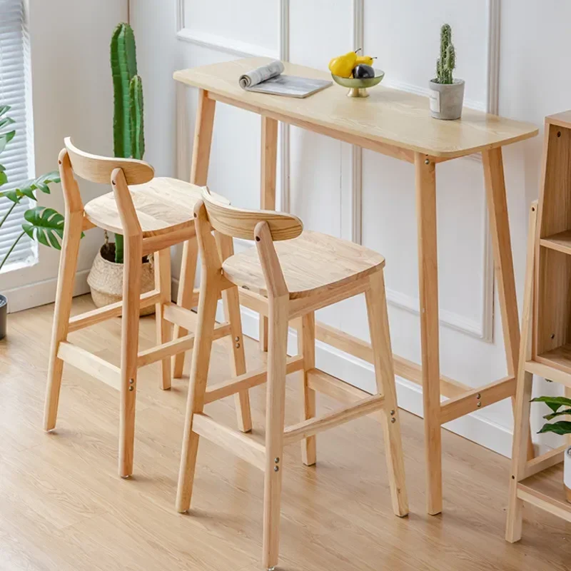 Solid Wood Backrest Bar Chair Checkout Counter High Stool Modern Milk Tea Shop Back Chair Nordic Retro Bar Furniture