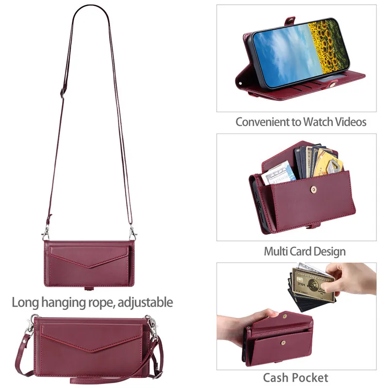 Elegant Leather Flip Stand Phone Case with Crossbody Handbag and Wallet Card Holder Feature