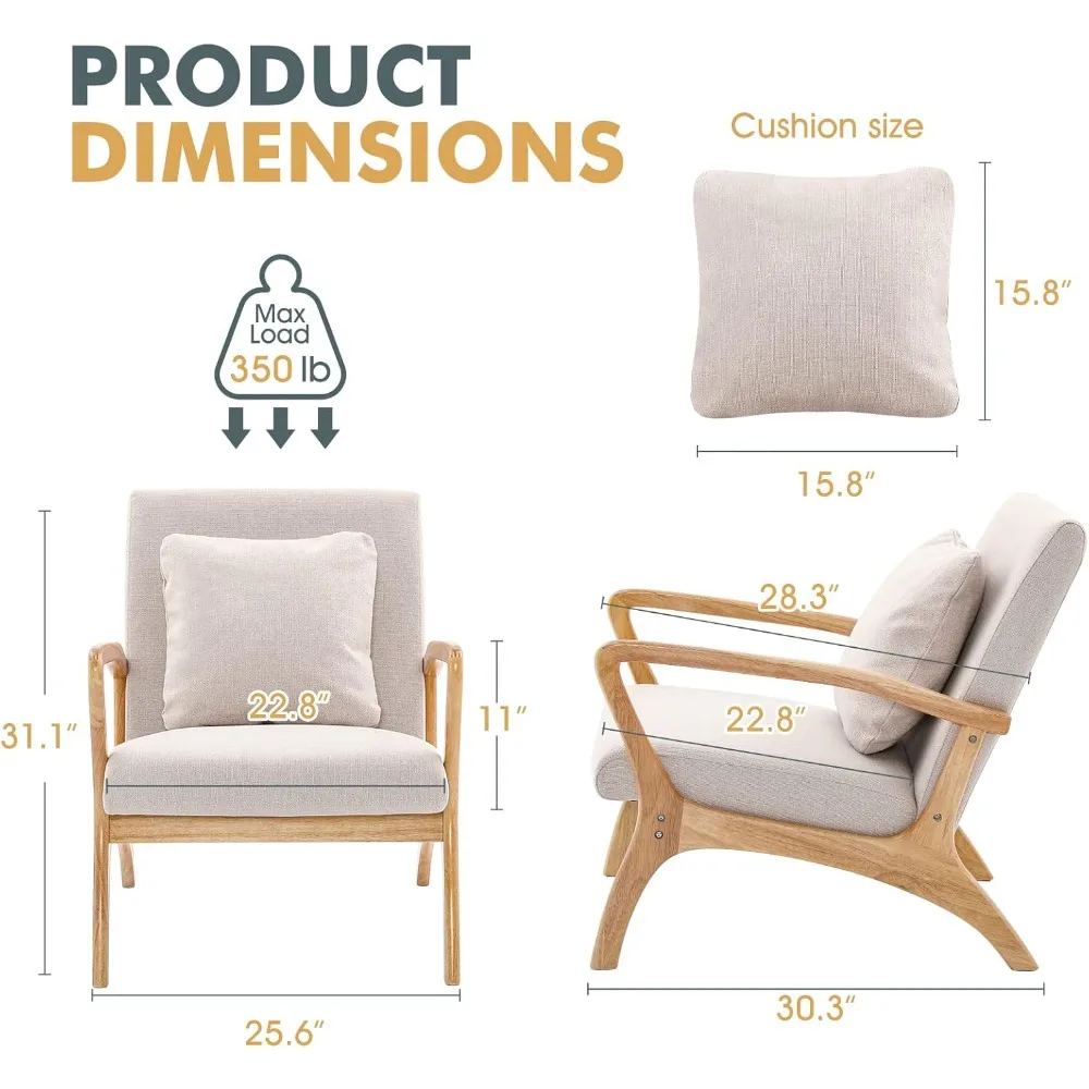 Mid-Century Modern Accent Chair with Cushion, 28.3'' Long Armrest Chairs Upholstered Premium Linen Fabric Wood Frame Armchair 2