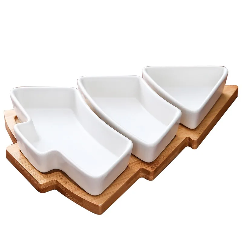 Creative Christmas Tree Ceramic Snack Plate with Bamboo Plate Christmas Tree Shaped Plate Dim Sum Fruit Plate Candy Plate