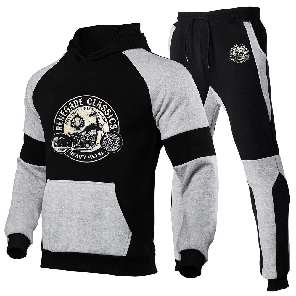 Men's retro glory bouncing motorcycle American printed hooded sportswear stitching sweatshirt sweatpants suit