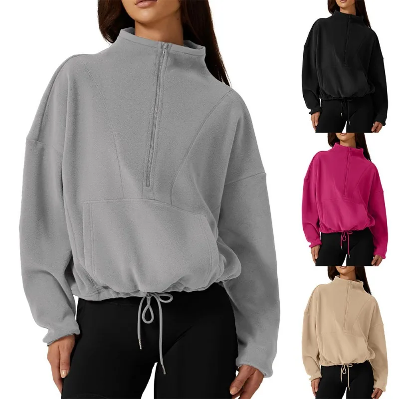 Women's Sweater Autumn and Winter Half Zip Fine Fleece Sweatshirt Small High Neck Long Sleeve Comfortable Pullover Lace Up Top [fila]small sweatshirt