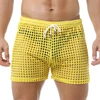 Breathable Mens Sexy Mesh Fishnet Causal Shorts Loose Men Hollow Out Beach Bikini Swim Trunks Drawstring Sport Gym Lounge Shorts 2