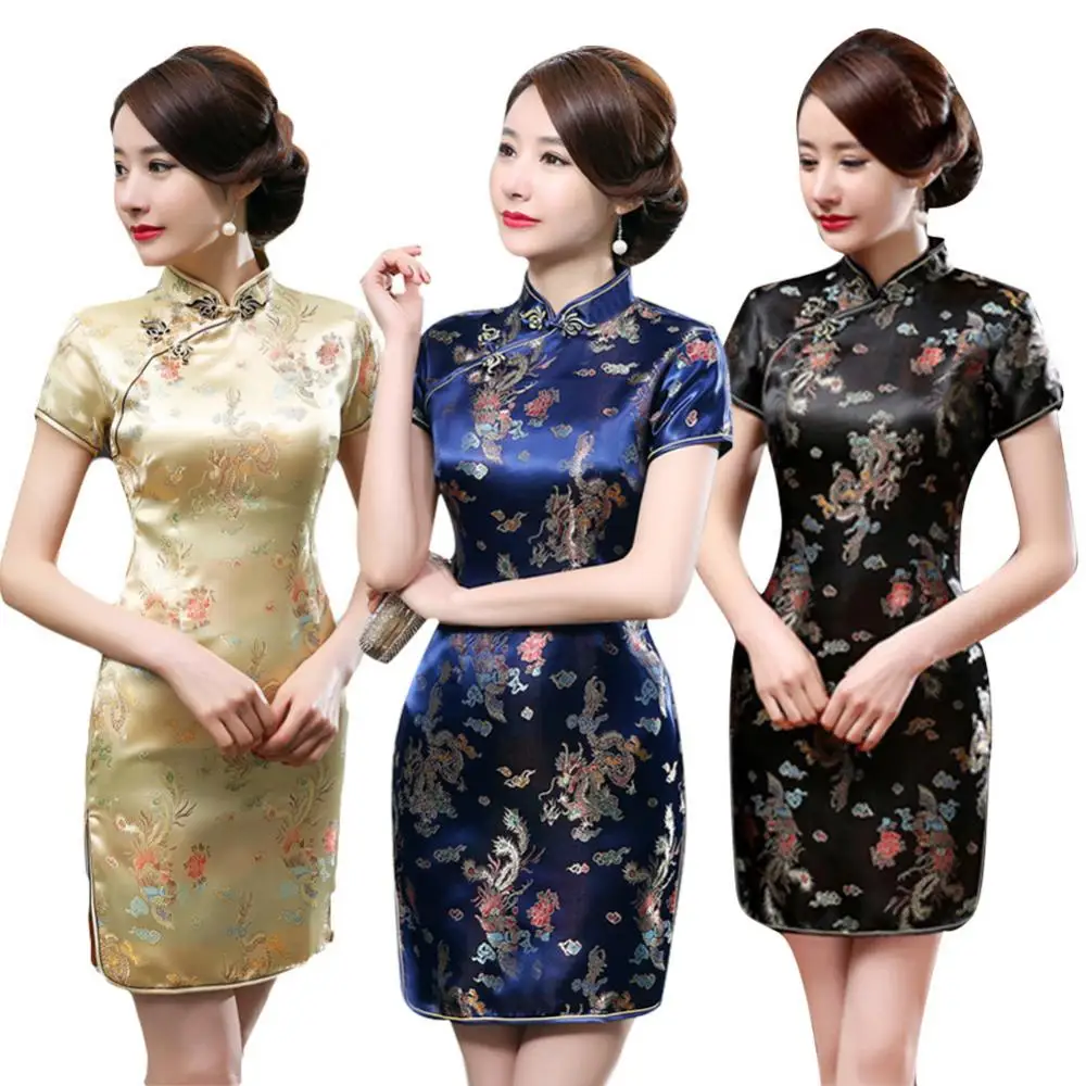 

Traditional Chinese Qipao Cheongsam Women Chinese Dragon Phoenix Embroidery High Neck Short Sleeve Split Mini Dress Vestidos