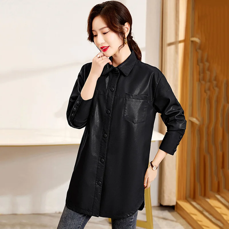 

New Women Spring Autumn Shirt Style Leather Coat Casual Fashion Turn-down Single Breasted Simplicity Loose Jacket Split Leather