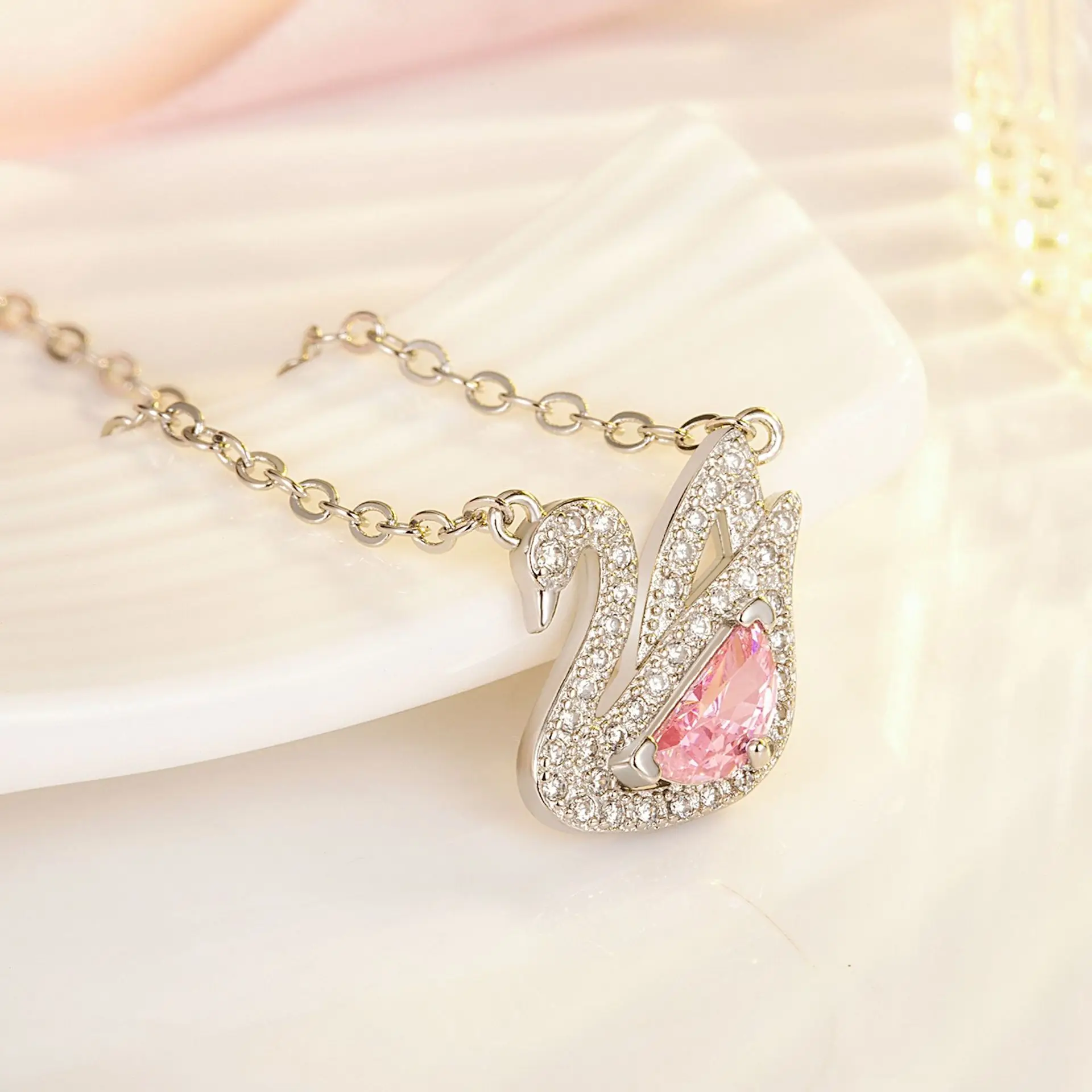 Women and Girl Pendant Necklace Pink Swan in True Beauty
