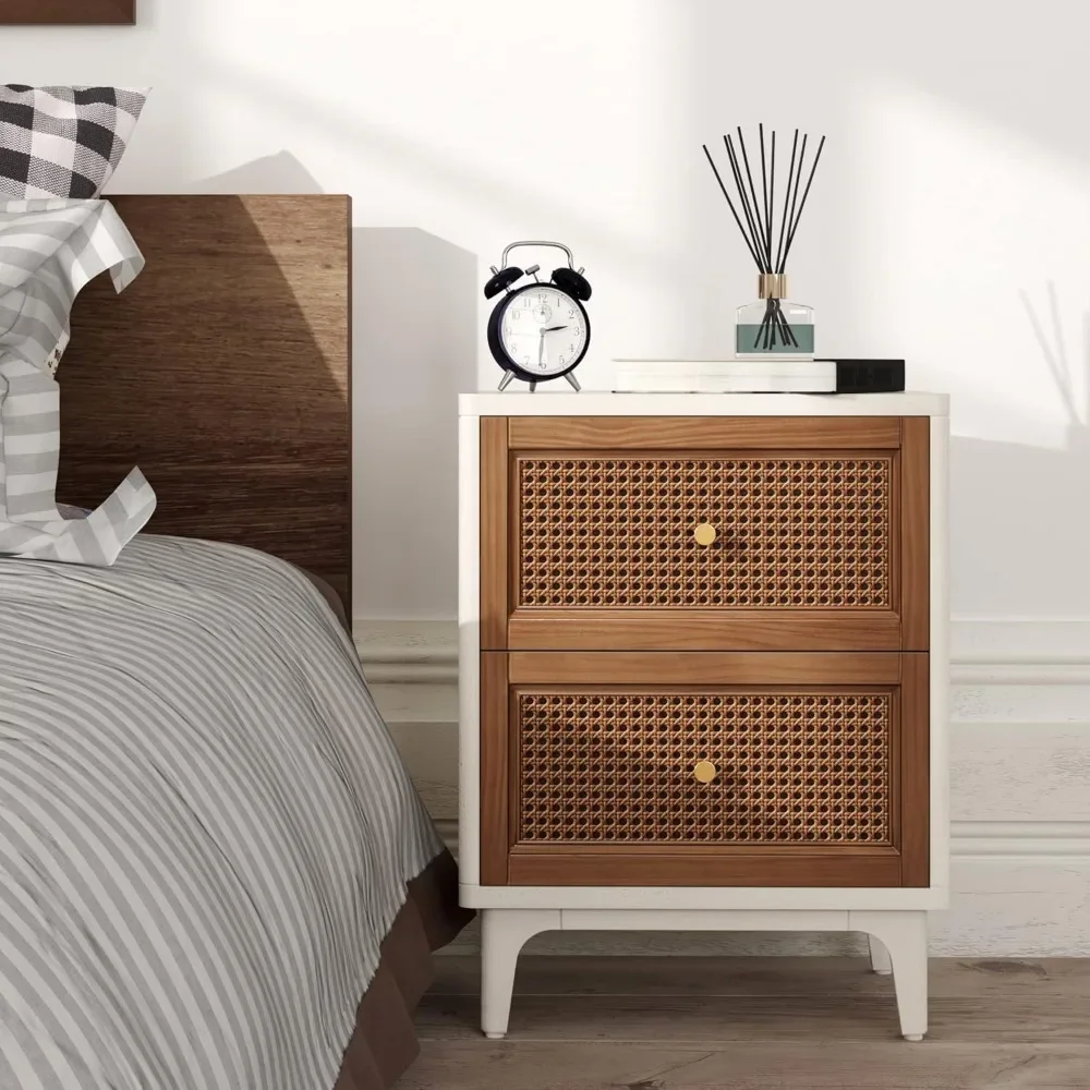 Farmhouse 3-Drawer Nightstand, Woven Cane Front Accent Dresser with Brass Pull, Fully-Assembled