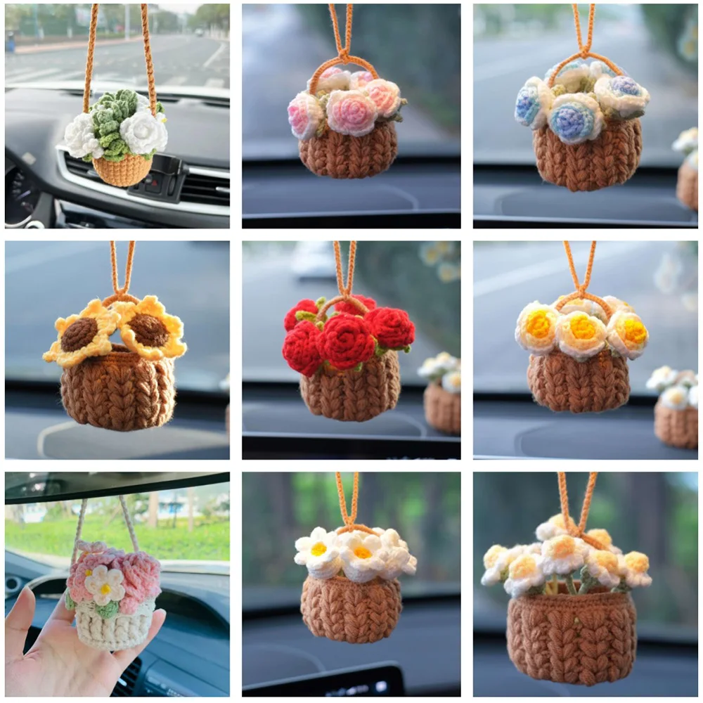 

1PC Rose Sunflower Knitted Car Pendant Simulation Knit Lily of The Valley Flower Basket Hanging Ornaments Diy Home Decor