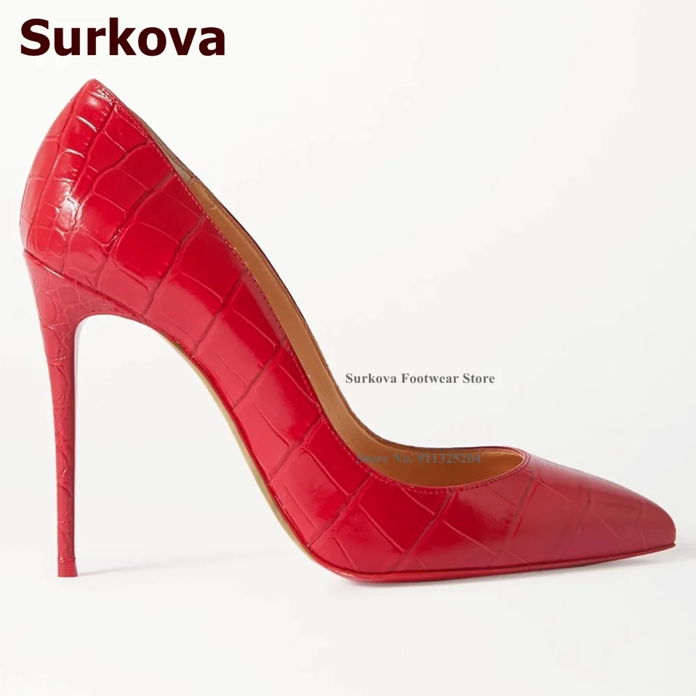 Surkova Turquoise Red Crocodile 12cm High Heel Shoes Pointed Toe